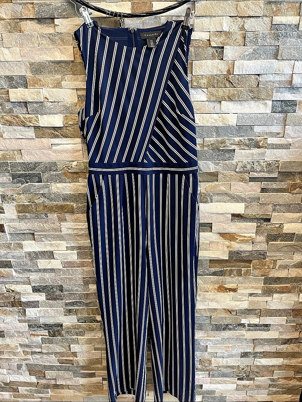 Tahari Striped Wide-Leg Jumpsuit in Blue & White Size Medium